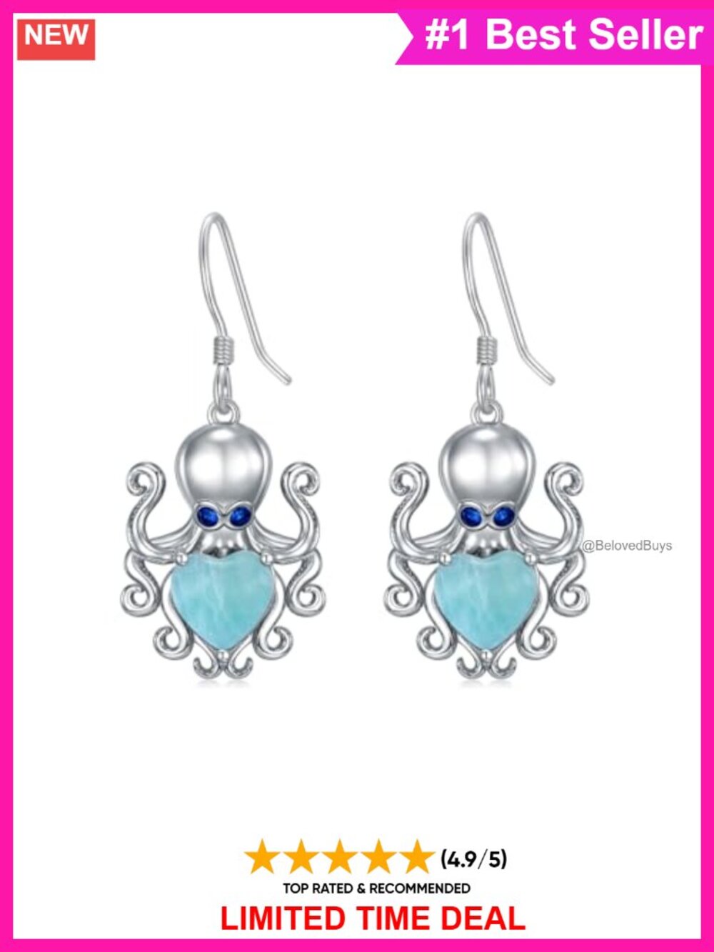 Sterling Silver Octopus Dangle Earrings with Larimar Heart
